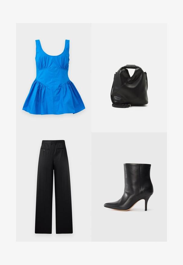 Sinine ilma varrukateta kleit, millel on ümaralõikega kaelus ja kokkuvõetud detailid vöökohas, flared seeliku ja sileda, kerge kangaga.; Mustad lai jalad, millel on lamedad eesmine osa, kaks tagumist taskut nupuga ja sile tekstuur. Kohandatud disain otse lõikega.; Must musta jalatsid terava ninaga, õhukese stiletto kontsaga ja siledast nahast. Minimalistlik disain ilma nähtava riistvarata või aksessuaarideta.; Must ja pehme nahast kott, millel on unikaalne keerdkujuline disain. Omab lühikest kätset ja eemaldatavat õlarihma. Minimalistlik stiil.