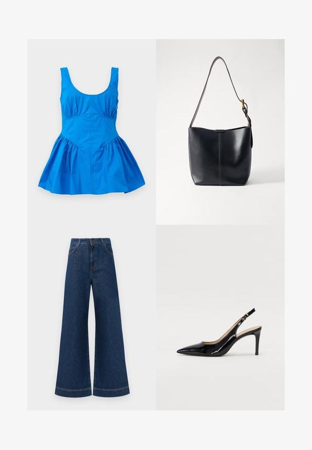 Blauwe mouwloze jurk met een ronde hals en geplooide details bij de taille, met een uitlopende rok en een gladde, lichte stof.; Brede blauwe denimjeans met een hoge taille, voorzien van een knoopsluiting, riemlussen en subtiele stikdetails langs de zakken en zoom.; Zwarte gepatineerde leren slingback pump met een puntige neus, slanke hak en een subtiel uitgesneden ontwerp. Bevat een gouden gesp op de band.; Zwarte leren schoudertas met een gladde textuur, voorzien van een dunne, lange schouderband en een subtiele stiknaad in het midden.