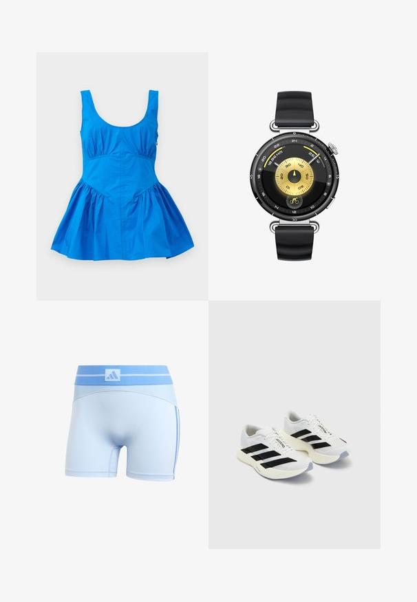Blue sleeveless dress with a scoop neckline and gathered details at the waist, featuring a flared skirt and smooth, lightweight fabric.; Light blue athletic shorts with a fitted design. Features a ribbed waistband and subtle side stripes in a darker blue.; White athletic shoes with black stripes and branding, featuring a mesh upper, rounded toe, and thick cream sole for cushioning.; Black silicone strap watch with a round black and gold face, featuring a central dial and various measurement indicators, including a cycling icon.