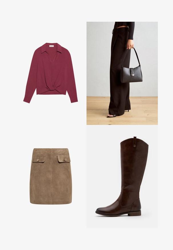 Mörkröd långärmad skjorta med krage, V-ringning och snodd detalj fram. Mjuk textur och avslappnad passform.; Brun mockaskinn mini kjol med en slät textur, som har två framfickor med klaff och knäppningar på varje sida. Enkel, rak design.; Bruna knähöga stövlar i slät läder, med rund tå, låg klack och ett subtilt söm-mönster längs sidorna.; Svart handväska med strukturerad form, slät yta och metallspänne. Matchad med vida svarta byxor och sandaler med öppen tå på trägolv.