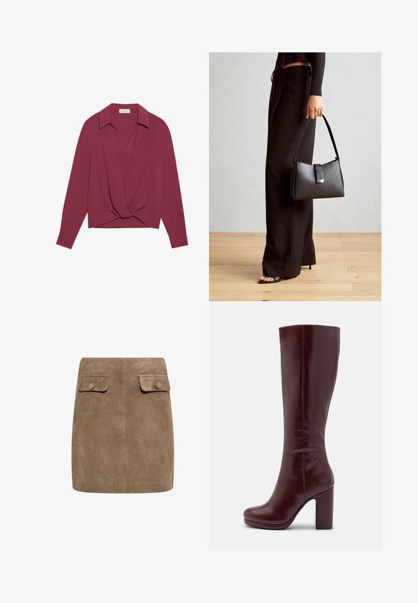 Bordová košeľa s dlhými rukávmi, golierom, véčkovým výstrihom a stočeným uzlom vpredu. Mäkčená textúra a voľný strih.; Hnedá semišová mini sukňa s hladkou textúrou, ktorá má dva predné vrecká s klopou a gombíkové zapínanie na každej strane. Jednoduchý, rovný dizajn.; Anna Field Topánky na vysokom opätku - red; Čierna kabelka so štruktúrovaným tvarom, hladkou textúrou a kovovou sponou. V kombinácii so širokými čiernymi nohavicami a sandálmi s otvorenou špičkou na drevenej podlahe.