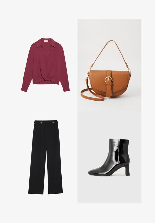Bordo garās džemperis ar apkakli, V veida kakla izgriezumu un savīts mezglu detaļu priekšpusē. Mīksta tekstūra un brīvā piegriezums.; Melnas platās bikses ar augstu jostasvietu, pogu detaļām uz jostas un priekšējām krokām.; Melnas patentētas ādas potīšu zābaki ar norādītu pirkstu un vidēja augstuma kvadrātveida papēdi. Gluda tekstūra un minimālisma dizains.; Brūns ādas plecu soma ar izliekta formu, zelta piederumiem un sprādzes akcentu. Iesaiņota ar noņemamu plecu siksnu.