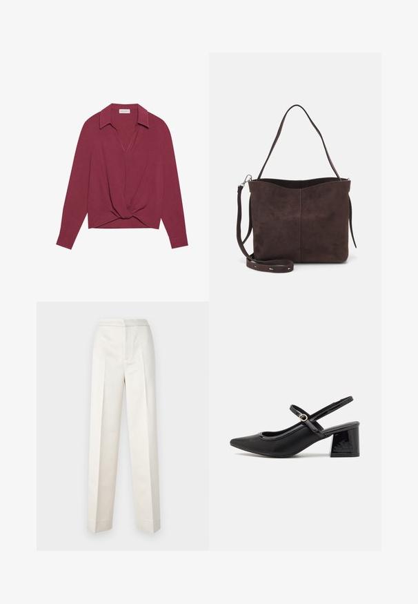 Μαρέν μπλούζα μακρυμάνικη με γιακά, V-λαιμόκοψη και διακοσμητική λεπτομέρεια με στριφτό κόμπο εμπρός. Μαλακή υφή και χαλαρή εφαρμογή.; Κρέμα παντελόνι σε κομψή γραμμή, με ίσια πόδια, απαλό ύφασμα, εμπρός πτυχές και καθαρό τελείωμα. Μινιμαλιστική σχεδίαση.; Μαύρα παπούτσια γοβάκια από πατενταρισμένο δέρμα με γωνιαστό μπροστινό μέρος, στρογγυλή κοπή και τετράγωνο τακούνι. Διαθέτουν μια χρυσή αγκράφα ως διακοσμητικό στοιχείο.; Καφέ σουέτ τσάντα ώμου με μαλακή υφή, διαθέτοντας έναν ενιαίο ιμάντα στον ώμο και μια διακριτική καμπυλωτή κορυφή. Χωρίς ορατές λεπτομέρειες σιδηρικών.