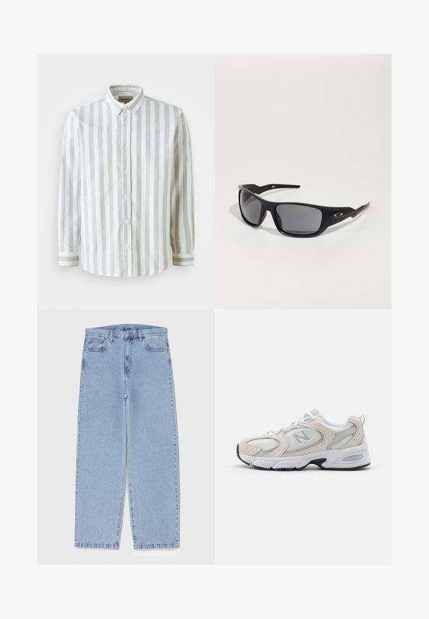 Camicia a righe bianca e grigia chiaro, realizzata in tessuto intrecciato. Presenta un colletto e polsini con bottoni con un accentuato contrasto delle righe.; Jeans in denim azzurro chiaro con design a gamba dritta, caratterizzati da una vita media, cinque tasche e chiusura con bottone e zip.; Scarpa sportiva con tomaia in mesh grigio chiaro e accenti in suede, lacci bianchi e suola in gomma nera. Dettaglio di ammortizzazione ABZORB notevole.; Occhiali da sole neri con forma rettangolare, realizzati in plastica resistente, con lenti grigio scure e un accento dorato sul lato.
