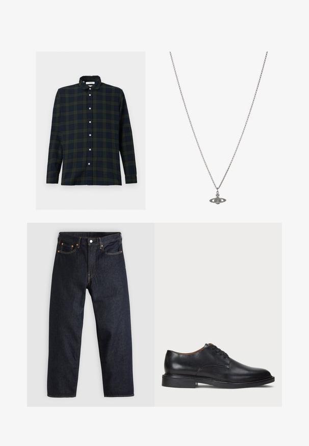 Μακρυμάνικη καρό πουκάμισο σε σκούρο πράσινο και ναυτικό μπλε, φτιαγμένο από βαμβάκι, με πλάγιο κολάρο και μπροστινή σειρά κουμπιών.; Μαύρο βαμβακερό T-shirt με στρογγυλή λαιμόκοψη και κοντά μανίκια. Διαθέτει ένα διακριτικό λογότυπο μπροστά και ίσια τελειώματα. Απλός και μινιμαλιστικός σχεδιασμός.; Σκούρο μπλε τζιν παντελόνι με ίσια γραμμή, πέντε τσέπες, αντίθετη πορτοκαλί ραφή και κουμπί στην μέση. Χωρίς ορατά σχέδια ή διακοσμήσεις.; Μαύρο δερμάτινο παπούτσι με στρογγυλή μύτη, σχέδιο με κορδόνια και χαμηλό σωρευμένο τακούνι. Λείος υφάντης με ελάχιστες ραφές.; Ασημένια αλυσίδα με κολιέ που διαθέτει μια λεπτομερή εκλεπτυσμένη πένα σε σχήμα πλανήτη, διακοσμημένη με μικρές λεπτομέρειες και περίπλοκα σχέδια.