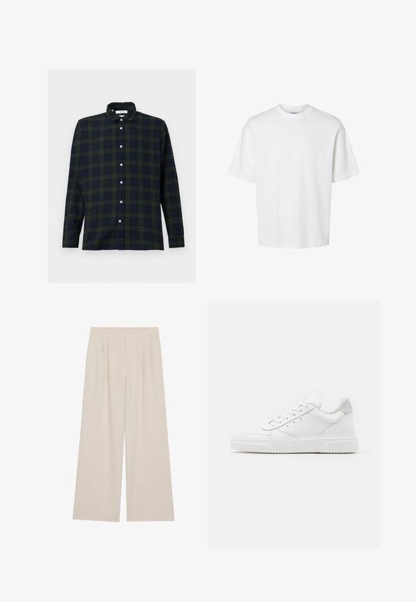Long-sleeve plaid shirt in dark green and navy, made of cotton, featuring a button-down collar and front button placket.; White cotton t-shirt with short sleeves, crew neckline, and a relaxed fit. Smooth texture with no visible patterns or accents.; Beige wide-leg trousers with a flat front, pleats, and an elastic waistband. Made from a lightweight fabric with a smooth texture.; White leather sneakers with a smooth finish, rounded toe, flat laces, and a textured sole. Grey suede accent at the heel.