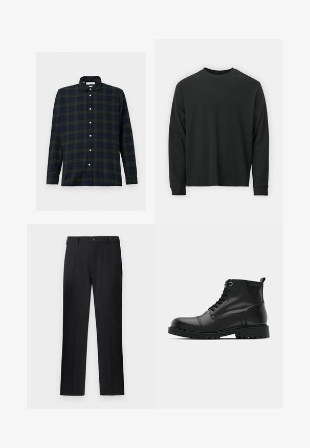 Tumed rohelise ja mereväe sinise ruudulise mustriga pikkade varrukatega särk, mis on valmistatud puuvillast, varustatud nööpkaeluse ja esi-nööbiplaketiga.; Pika pikkade varrukatega must T-särk, mis on valmistatud puuvillast, ümarate kaelustega, lohvaka lõikega ja soonikute mansettidega. Sujuv tekstuur, ilma nähtavate mustriteta.; Mustad mustriga püksid, sirge jala kujunduse, nööbi sulgemise ja vöörihmadega, sujuva tekstuuriga ning ilma nähtavate mustrite või aktsentideta.; Mustad mustad naha pahklu kõrged saapad, ümmarguse varbaga, nöörimise disainiga, kontrastsete hallide silmadega ja tugeva kummist välispõhjaga. Sile tekstuur minimaalse aktsentidega.