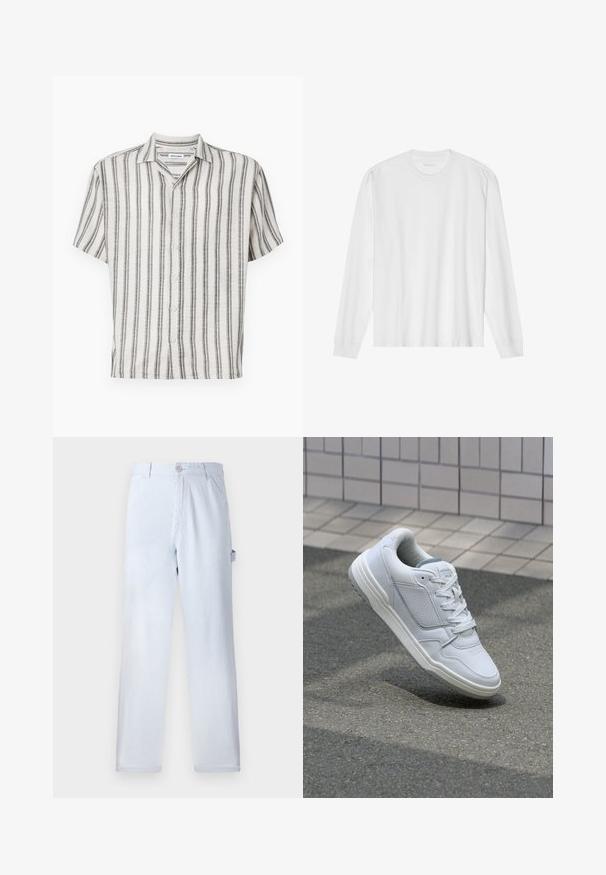 Korte ermelige skjorte i creme med lodrette sorte striber. Har en krave og fem knapper langs forsiden. Struktureret stof.; Langærmet hvid bomuldstrøje med rund hals og ribbede manchetter. Enkel, umasket design med en glat tekstur og standard pasform.; Lysblå stribede bukser lavet af bomuld. Lige ben design med knaplukning foran og sidelommer. Blød tekstur.; Hvide lædersneakers med perforerede sider, teksturerede detaljer, flade snørebånd og en kontrasterende grå hæl. Har en let forhøjet sål.