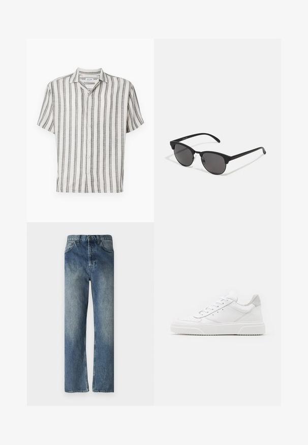 Chemise à manches courtes boutonnée en crème avec des rayures verticales noires. Dotée d'un col et de cinq boutons sur le devant. Tissu texturé.; Jeans en denim bleu avec une coupe droite, présentant un délavage, des passants de ceinture, des poches avant et une seule poche arrière.; Des baskets en cuir blanc avec une finition lisse, un bout rond, des lacets plats et une semelle texturée. Accents en daim gris au niveau du talon.; Lunettes de soleil noires avec des verres ronds, finition mate et une forme distinctive en œil de chat. Monture fine avec un logo discret sur la branche gauche.