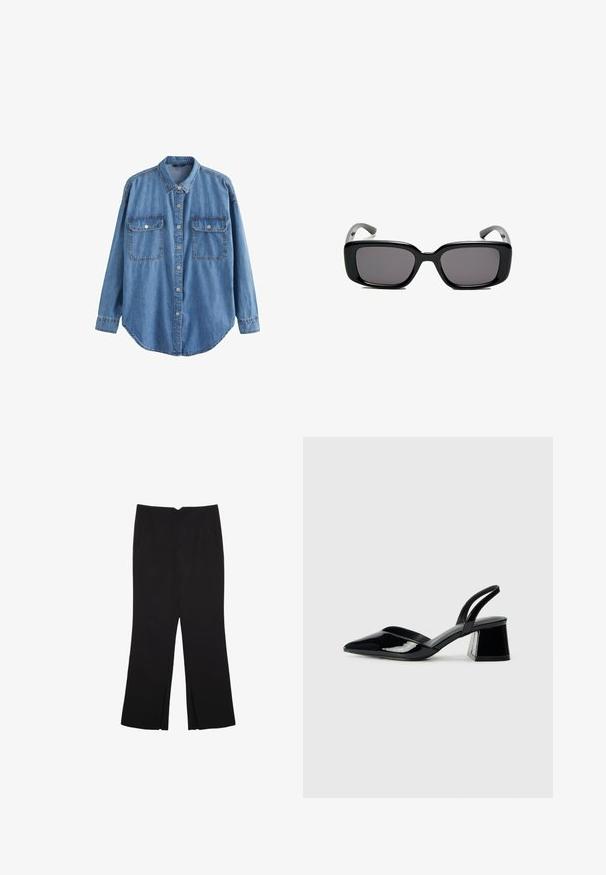 Light blue denim shirt, long sleeves, classic collar, two chest pockets with snap buttons, curved hem, and visible stitching details.; Black trousers with a straight fit, featuring front pockets and side slits at the hem. Made of soft, smooth fabric. Suitable for various occasions.; Black patent leather slingback heels with a pointed toe and a geometric block heel. Features a sleek, minimal design and smooth texture.; Black rectangular sunglasses with dark lenses, smooth plastic frame, and curved temples. The design is chunky with a minimalist aesthetic.