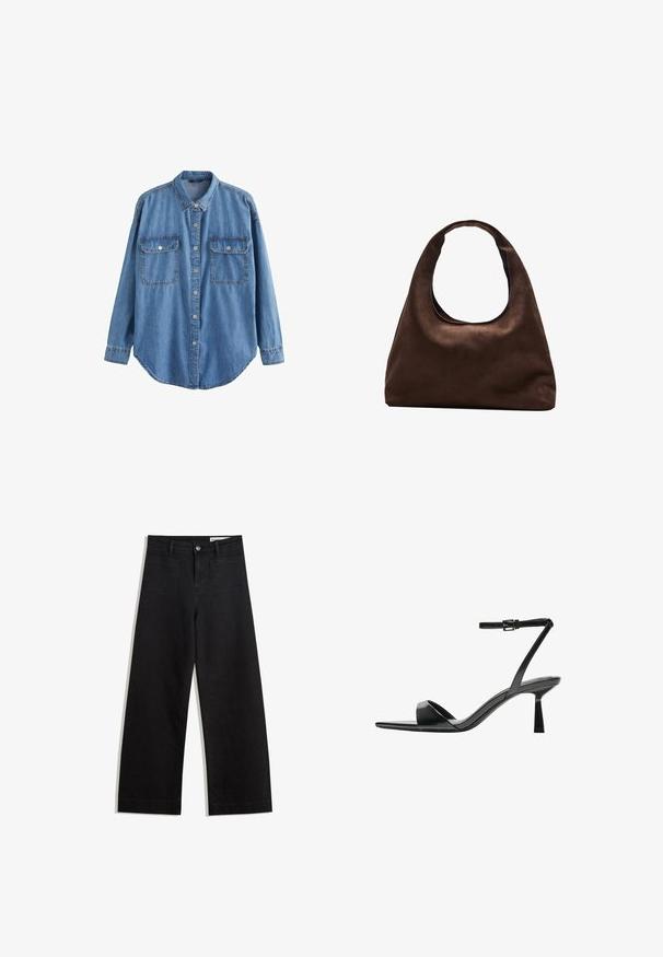 Svijetloplava traper košulja, dugih rukava, klasičnog ovratnika, s dva džepa na prsima sa kopčama na dugme, zakrivljenim rubom i vidljivim detaljima šivanja.; Crne široke traperice s visokim strukom, s prednjim i stražnjim džepovima, šivenim šavovima i kopčanjem na gumb. Glatka tekstura.; Bershka Sandale s visokom petom - black; Meka mekana smeđa torba hobo stila s jednim širokim remenom i zakrivljenim otvaranjem na vrhu, prikazana na bijeloj pozadini.