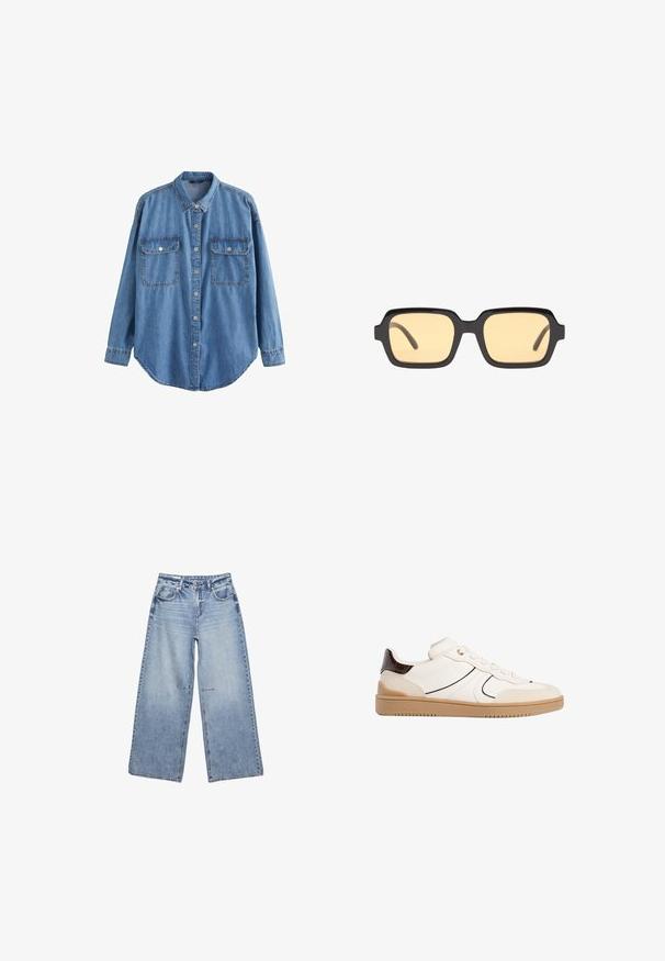 Svetlomodrá denimová košela, dlhé rukávy, klasický golier, dve náprsné vrecká s patentkami, zaoblený lem a viditeľné švíky.; Svetlomodré džínsy s širokými nohavicami z denimu, s vysokým pásom, piatimi vreckami a jemným vyblednutím, s nerovnými lemami.; Stradivarius Tenisky - white; Čierne obdĺžnikové slnečné okuliare so žltými sklami, ľahký rám a charakteristické tupé okraje na stranách. Hladký, lesklý povrch.; Hnedá kožená taška na rameno s hladkou textúrou, otvoreným vrchom a dvoma ramenými popruhmi. Má minimálne šitia a žiadne viditeľné kovania.