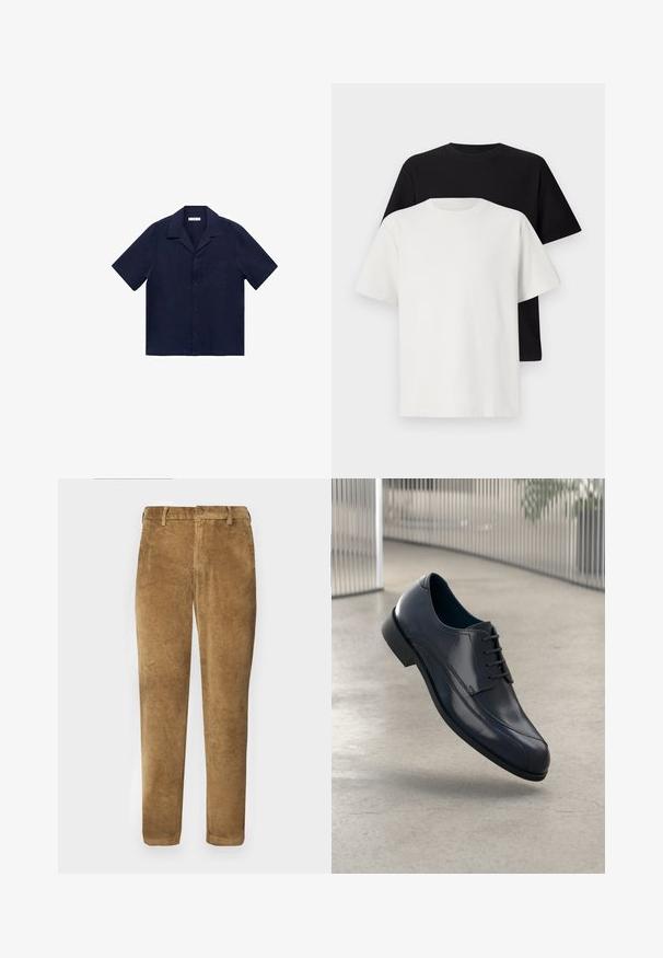 Námornícká košeľa s krátkym rukávom, z golierom, s zapínaním na gombíky vpredu, s jednou vreckom na hrudi, vyrobená z ľahkej tkaniny s hladkým povrchom.; Bavlnená súprava tričiek, ktorá obsahuje čierne tričko a biele tričko, obe s krátkymi rukávmi, okrúhlym výstrihom a štandardným strihom. Textúrovaná látka.; Hnedé kordové nohavice s vertikálnou ryhovanou textúrou, rovného strihu, s gombíkovým zapínaním a pútkami na opasok. Hladká tkanina s jemným povrchom.; Lesklá čierna kožená obuv na šnurovanie, ktorá sa vznáša nad hladkým, svetlošedým podlahou a vertikálnymi kovovými tyčami v pozadí.