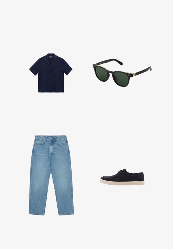 Marineblauw kortUniformshirt met kraag, knoopsluiting aan de voorkant, enkele borstzak, gemaakt van lichtgewicht stof met een gladde textuur.; Lichtblauwe denim wijde jeans met een hoge taille, voorzien van vijf zakken, riemlusjes en een zachte, licht vervaagde textuur.; Zwarte canvas schoen met een laag ontwerp, voorzien van twee oogjes, een crèmekleurige rubberen zool en subtiele stiksels.; Zonnebril met een zwart matte frame, donkergroene lenzen, gouden accenten en twee kleine decoratieve stippen aan de voorkant. Slanke pootjes.