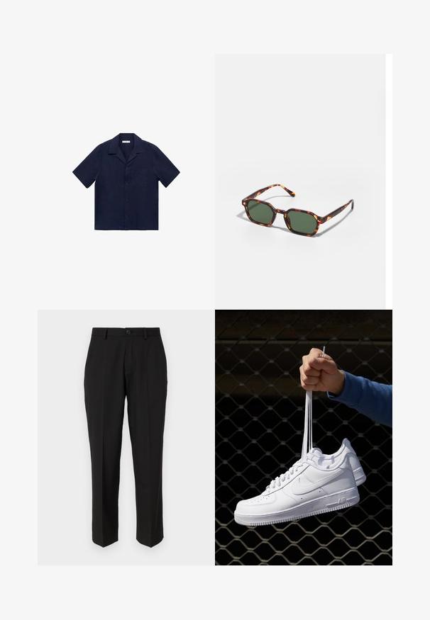 Cămașă navy cu mânecă scurtă, design cu guler, cu închidere prin butoane în față, un singur buzunar pe piept, realizată dintr-un material ușor cu o textură netedă.; Pantaloni negri dintr-un material neted, cu un design drept, buzunare frontale, închidere cu un singur nasture și fără modele vizibile.; Adidași albaștri din piele cu perforații, vârf rotund, talpă plată și șireturi groase, cu un logo swoosh vizibil și cu inscripția "AIR" pe toc.; Ochelari de soare cu montură broască țestoasă și lentile verzi, având o formă octogonală și brațe subțiri, curbate. Materialul are o finisare lucioasă.