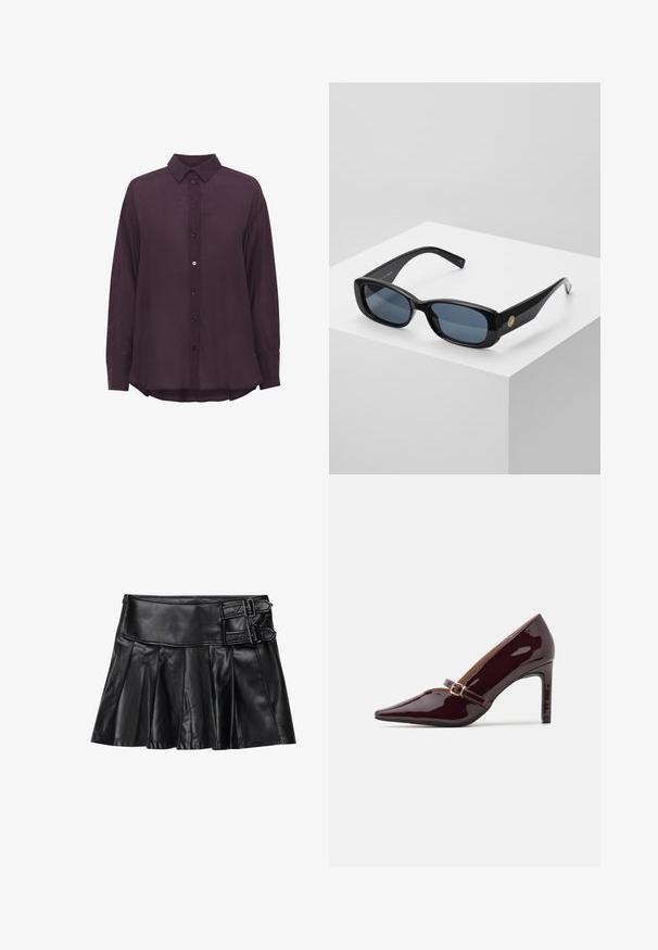 Camicia a maniche lunghe di un profondo viola, con colletto a punta, realizzata in un tessuto strutturato e orlo leggermente curvato. I bottoni sono dello stesso colore.; Gonna in pelle nera con pieghe, cintura ampia e due dettagli con fibbia ai lati. Texture liscia con una finitura lucida.; Scarpa con tacco alto color bordeaux con punta affilata, cinturino alla caviglia con finiture in oro e una superficie liscia e lucida. Tacco a stiletto elevato.; Occhiali da sole neri rettangolari con lenti blu oscurate, montatura spessa e un accento circolare dorato di lato. Finitura elegante e lucida.; Borsa borgogna realizzata in materiale sintetico con un design strutturato, dotata di tracolla removibile e un foulard a motivi floreali legato al manico.