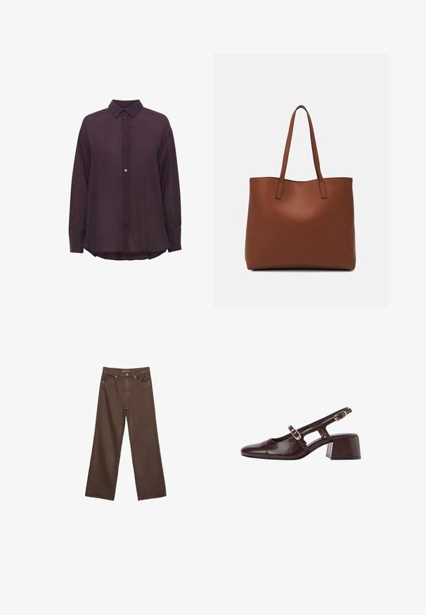 Hedvábná košile s dlouhým rukávem, tmavě fialové barvy, s klopovým límcem, vyrobená z texturované látky a s mírně zakřiveným zakončením. Knoflíky jsou v barvě košile.; Hnědé džíny s širokými nohavicemi vyrobené z denimu, s vysokým pasem, předními kapsami a klasickým zapínáním na knoflík. Hladká textura s jemným švem.; Hnědé kožené slingback podpatky se čtveratou špičkou, výřezovými stranami a blokovým podpatkem. Obsahuje přezku na kotníkovém pásku.; Hnědá kožená taška přes rameno s hladkou texturou, otevřeným designem a dvěma ramenními popruhy. Obsahuje minimální švy a žádné viditelné kovové prvky.