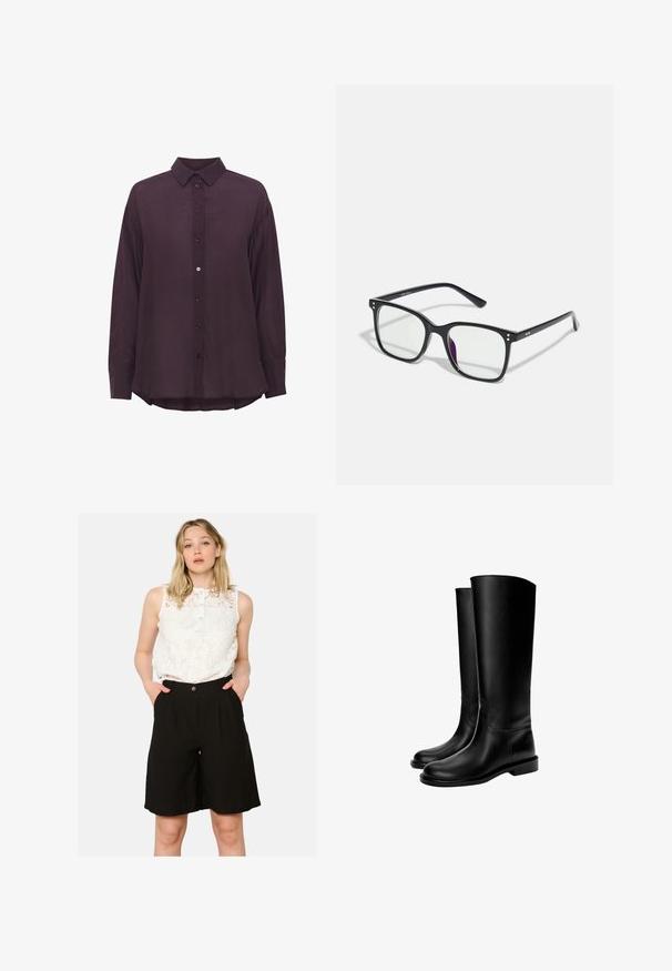 Camicia a maniche lunghe di un profondo viola, con colletto a punta, realizzata in un tessuto strutturato e orlo leggermente curvato. I bottoni sono dello stesso colore.; Top senza maniche in pizzo bianco con scollatura a bottoni, abbinato a pantaloni corti neri a vita alta con tasche laterali e una vestibilità ampia.; Stivali in pelle neri fino al ginocchio con una texture liscia, punta rotonda, suola piatta e design minimalista, caratterizzati da cuciture a vista e senza hardware visibile.; Occhiali rettangolari neri con lenti trasparenti, caratterizzati da dettagli dorati sulla montatura e una leggera sfumatura viola su una lente.; Borsa a spalla in pelle nera liscia con parte superiore curva, tracolla singola, chiusura con zip e piccolo logo in argento al centro frontale.