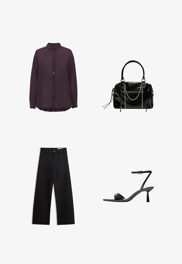 Long-sleeve, deep purple button-up shirt with a pointed collar, featuring a textured fabric and slightly curved hemline. Buttons are matching in color.; Black wide-leg denim pants with a high waist, featuring front and back pockets, stitched seams, and a button closure. Smooth texture.; Bershka High heeled sandals - black; Bershka WITH CHAIN - Handbag - black