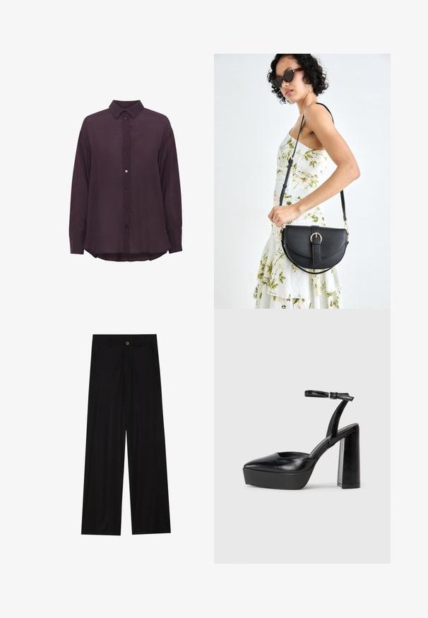 Camicia a maniche lunghe di un profondo viola, con colletto a punta, realizzata in un tessuto strutturato e orlo leggermente curvato. I bottoni sono dello stesso colore.; Pantaloni neri a gamba larga realizzati in un tessuto liscio, dotati di tasche frontali e chiusura con bottone in vita. Design minimalista senza motivi.; Tacchi a piattaforma neri con punta appuntita e cinturino regolabile alla caviglia. Realizzati in pelle liscia, presentano un tacco a blocco spesso.; Borsa a tracolla nera in pelle con una forma curva, manico rimovibile e accessori dorati. La borsa presenta una patta con un dettaglio a fibbia.