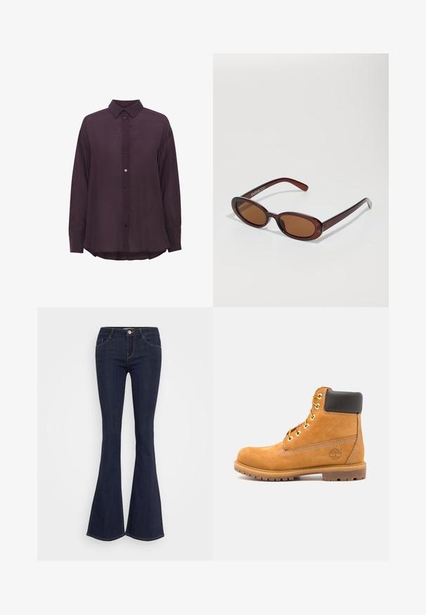 Pitkähihainen, syvän purppuran värinen nappipaita, jossa on terävä kaulus, ja joka on valmistettu teksturoidusta kankaasta ja siinä on hieman kaareva helma. Napit ovat väriltään yhtä kuin paita.; Tummat farkut, joissa on leveät lahkeet ja muotoonommeltu vyötärö, edessä nappikiinnitys, viisi taskua ja sauman yksityiskohtia lahkeissa.; Ruskeat nahkaiset nilkkurit mustalla pehmusteella, kultaisilla läpyillä ja teksturoidulla pohjalla. Sivulla on pyöreä logo ja ompeluakkentteja.; Pyöreät, ruskehtavat aurinkolasit, joissa on kiiltävä burgundinpunainen runko. Kapeat sivut, joissa on hienovarainen brändäys. Litteät linssit.