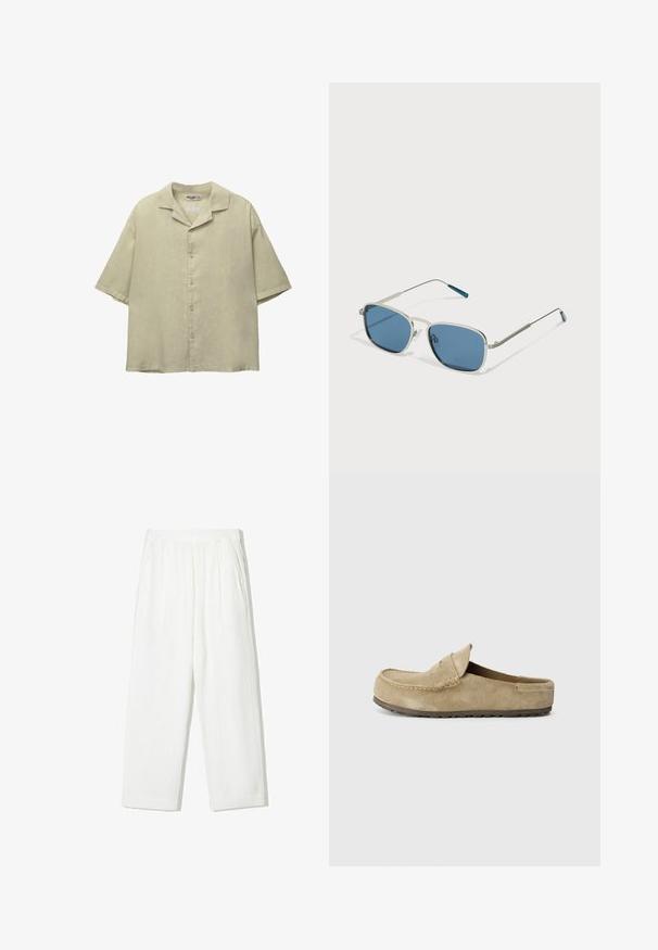 Ljusgrön kortärmad skjorta i linne med en skuren krage, knäppning fram och en avslappnad passform. Slät, texturerad tyg.; Vita, vida byxor i bred modell gjorda av textilmaterial. Har en elastisk midja och två sidofickor. Avslappnad, lös passform.; Birkenstock NAPLES WRAPPED LEVE TAUPEN - REGULAR - Platt slip-in - taupe; Solglasögon med en silvermetallram, rektangulära blå linser och tunna skalmar. Har blåa detaljer vid skalmtopparna.