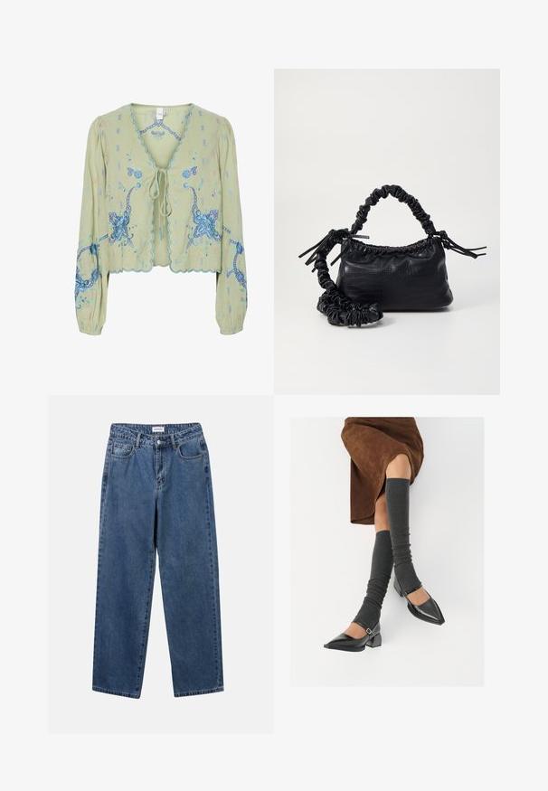 Heleda roheline lühikesed varrukad blouse, sinine lilleline tikand, sakilised servad ja ees sidumisega sulgemine.; Klassikalised sinised denimists teksad otsejalaga disainiga, viie taskuga ja nööbisuletusega. Omab keskmist pesu ja tugevat tekstuuri.; Mustad patsaline odav värviga kingad, millel on kreen ja pahkluuring, on paaritatud hallide ribakudumitega sääremiidega ja pruunist nahast seelikuga.; Must must sünteetilisest nahast käekott, millel on krokodillimuster, kokku tõmmatav ülaosa ja kortsus rihm. Tundub pehme ja kompaktne disain.