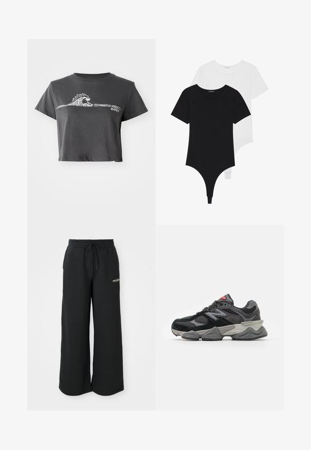 Camiseta corta de color gris oscuro con un gráfico de ola estilizada en blanco, una palmera y el texto "ROXY" en la parte delantera.; Bodysuits cortos de manga corta en blanco y negro con cuellos redondos y parte trasera tipo tanga, fabricados en un tejido suave y elástico.; Pantalones de chándal de pierna ancha en negro, fabricados con una tela suave, que cuentan con una cintura elástica con cordón y un pequeño logotipo en el lado izquierdo.; Zapatilla negra y gris con una mezcla de materiales de ante y malla, suela gruesa, logotipo prominente y acento rojo en la lengüeta.