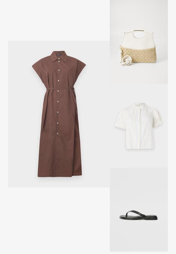White short-sleeve blouse featuring a high collar, button placket, and vertical stripe pattern with lace detailing along the front.; Brown button-up dress with a collared neck, short sleeves, belt tie at the waist, and a long, flowing design. Smooth cotton fabric.; Black flip-flop made of smooth leather, featuring a thin strap design and a flat sole with a minimal profile. No notable patterns or accents.; White leather handbag with a textured cream woven fabric bottom. Features a gold-tone handle and a coiled white strap for versatility.