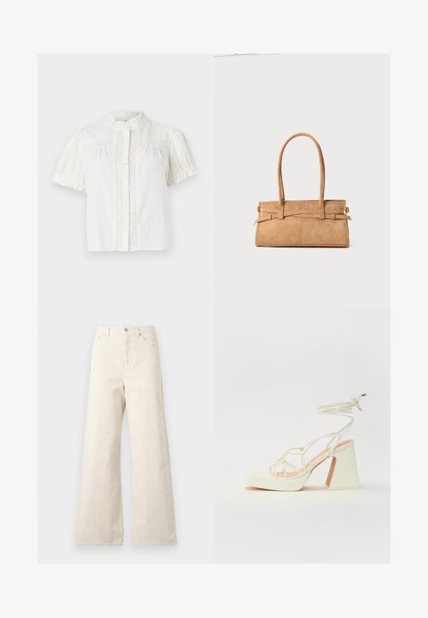 Blusa bianca a maniche corte con colletto alto, pattina con bottoni e motivo a righe verticali con dettagli in pizzo lungo la parte anteriore.; Pantaloni beige a gamba larga in cotone, con chiusura frontale a bottone, tasche laterali e una texture liscia. Design minimalista senza motivi.; Sandalo bianco con tacco alto, caratterizzato da un design a cinturini e un legaccio alla caviglia. Texture liscia con una piattaforma frontale per un'altezza aggiuntiva.; Borsa in suede tan con due manici lunghi, forma rettangolare e cuciture decorative. Presenta una tracolla laterale e sottili dettagli in oro.
