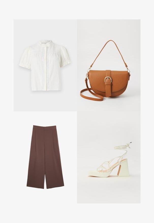 Witte blouse met korte mouwen, hoge kraag, knoopsluiting en een verticale streepjespatroon met kantdetails aan de voorkant.; Bruine wijde broek met een gladde textuur, voorzien van een hoge taille en plooien aan de voorkant. De stof is lichtgewicht en valt losjes.; Witte hoge hakken sandaal met een chunky hak, met een bandjesontwerp en enkelband. Gladde textuur met een plateau voor extra hoogte.; Bruine leren schoudertas met een gebogen vorm, gouden hardware en een gespaccent. Bevat een afneembare schouderriem.