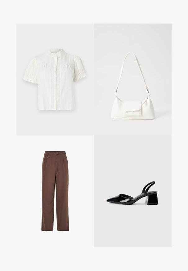 White short-sleeve blouse featuring a high collar, button placket, and vertical stripe pattern with lace detailing along the front.; Brown woven wide-leg trousers with a high waistband, front pleats, and a button detail. Smooth texture with a tailored design.; Black patent leather slingback heels with a pointed toe and a geometric block heel. Features a sleek, minimal design and smooth texture.; White synthetic handbag with a triangular shape, flat front flap and bow detail, adjustable strap, smooth texture, and minimalistic design.