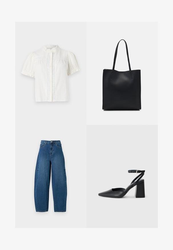 Bijela bluzica kratkih rukava s visokim ovratnikom, redom dugmadi i vertikalnim prugastim uzorkom s čipkastim detaljima uz prednji dio.; Traperice u srednjem plavom pranju, s visokim strukom, širokim nogavicama i standardnim dizajnom s pet džepova, s vidljivim detaljima šivanja.; Crne kožne cipele s špicastim vrhom, remenom oko gležnja i debelim potplatom. Ravna tekstura, elegantan dizajn i minimalistička estetika.; Crna kožna torba za nošenje s glatkom teksturom, pravokutnim oblikom i dvije duge ručke. Nema vidljivih metalnih dijelova ili ukrasa.