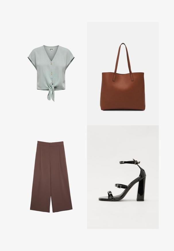 ONLY ONLSIESTA KNOT - Blouse - abyss; Brown wide-leg trousers with a smooth texture, featuring a high waist and front pleats. The fabric is lightweight and flows loosely.; Black patent heeled sandals with a square toe, ankle straps, and silver buckles. Features a chunky block heel for stability.; Brown leather tote bag with a smooth texture, open top design, and two shoulder straps. Features minimal stitching and no visible hardware.