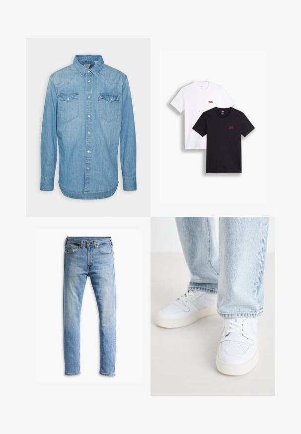 Light blue denim shirt with long sleeves, pointed collar, and two chest pockets. Features button closure and curved hem.; Two short-sleeve t-shirts: one white and one black. Both made of cotton with a red Levi's logo on the chest. Simple crew-neck design.; Light blue denim jeans with a straight-cut design, five pockets, button closure, and subtle fading across the fabric.; White leather low-top sneakers with perforated toe, flat laces, and minimalistic design. Paired with light blue denim jeans.