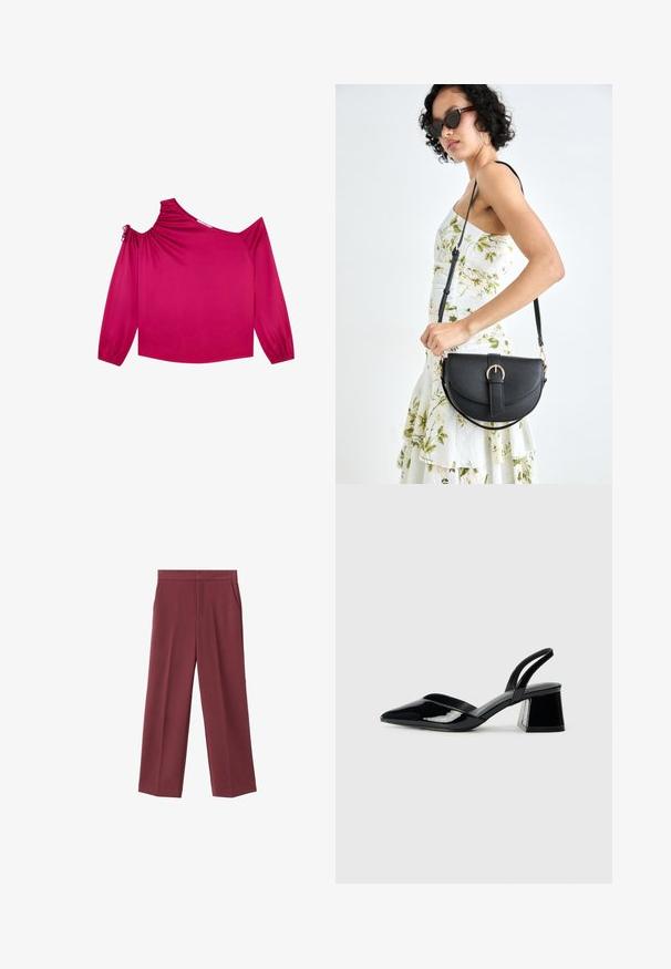 Scalpers LUX - Blůza - bouganville; Bordové kalhoty s širokými nohavicemi a hladkým povrchem, s bočními kapsami a vysokým pasem. Ušity s čistým předním záhybem.; Černé lakované kožené lodičky na pásku s špičatou špičkou a geometrickým blokovým podpatkem. Vyznačují se elegantním, minimalistickým designem a hladkým povrchem.; Černá kožená kabelka s křivkovým tvarem, odnímatelným popruhem a zlatými detaily. Kabelka má klopu s přezkou.