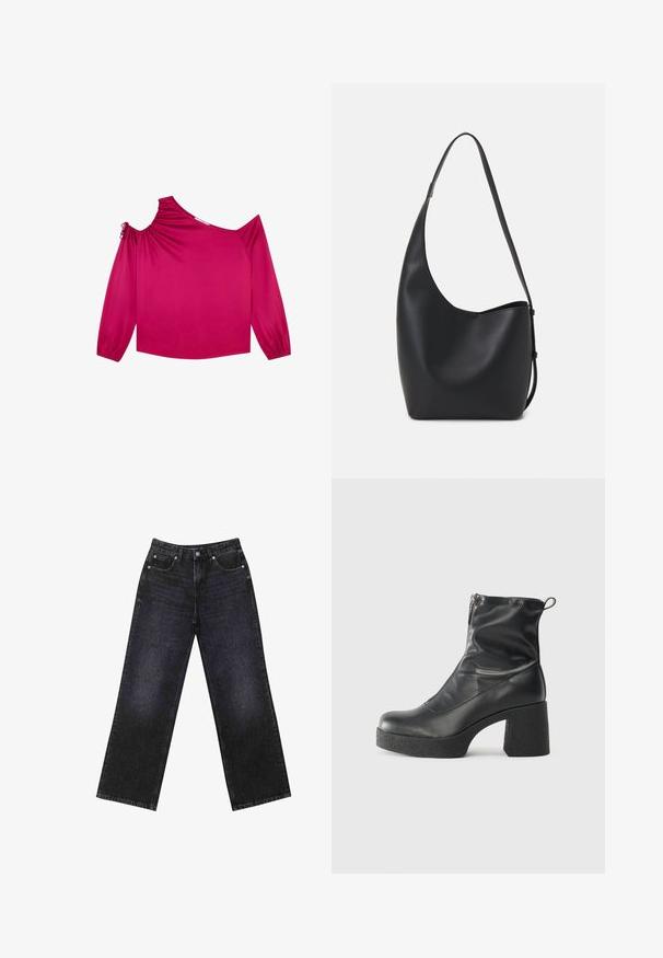 Scalpers LUX - Bluse - bouganville; Højtaljede sorte denim jeans med en bred benklip, fem-lomme design og synlig syning. Stoffet har en glat, let tekstureret finish.; Sorte ankelstøvler lavet af glat læder, med en sidelukning, kraftig struktureret hæl og rundt tådesign.; Sort læder hobo taske med en glat overflade, buet form og en enkelt justerbar rem; har en bred åbning øverst.