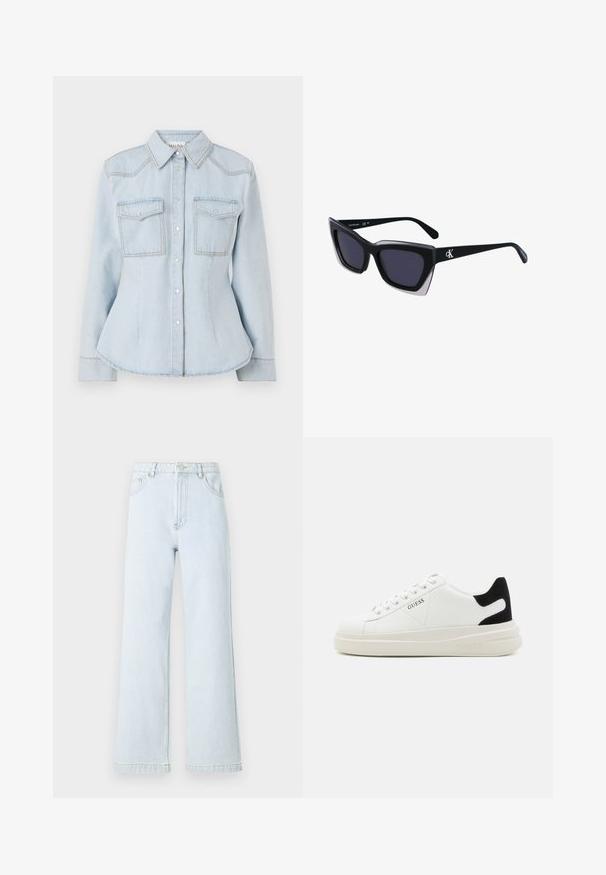 Ανοιχτό μπλε τζιν πουκάμισο με εφαρμοστή σχεδίαση, μυτερό γιακά, δύο τσέπες στο στήθος και αντίθετη ραφή. Διαθέτει κούμπωμα με κουμπιά και μακριά μανίκια.; Ανοιχτό μπλε τζιν παντελόνι με φαρδιά πόδια και ψηλή μέση, πέντε τσέπες και λεπτομέρειες με χρυσή ραφή. Λείο ύφασμα και ίσια γραμμή.; Λευκά δερμάτινα αθλητικά παπούτσια με χοντρή λευκή σόλα, μαύρη σουέτ λεπτομέρεια στην φτέρνα και ανάγλυφο λογότυπο στο πλάι. Σχέδιο με κορδόνια και έξι θηλιές.; Μαύρα υπερμεγέθη γυαλιά ηλίου με γεωμετρικό σχήμα, διαθέτοντας σκούρους φακούς και αντίθεση γκρίζα λεπτομέρεια στη σκελετό. Λογότυπο στον βραχίονα.