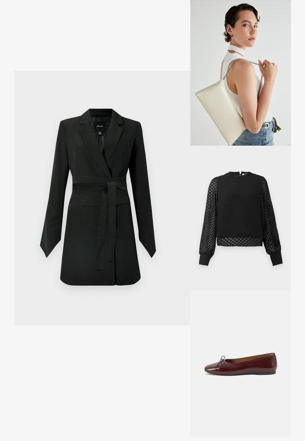 Schwarzes Langarmoberteil mit strukturiertem Zickzackmuster, hohem Kragen und durchsichtigen Ärmeln. Besitzt einen Schlüsselloch-Ausschnitt auf der Rückseite und eng anliegende Bündchen.; Schwarzes Blazerkleid mit langen Ärmeln, tailliertem Schnitt und Bindegürtel. Verfügt über einen Reverskragen und glatten, strukturierten Stoff.; Burgunderfarbenes, lackiertes Ballettschuh mit abgerundetem Zehenbereich, kleiner Schleifenakzent vorne und einer niedrigen, schwarzen Gummisohle. Glatte Textur.; Weiße rechteckige Clutch aus glänzendem Material mit einem silbernen Kettenriemen. Das Model posiert und präsentiert die Tasche vor einem schlichten Hintergrund.