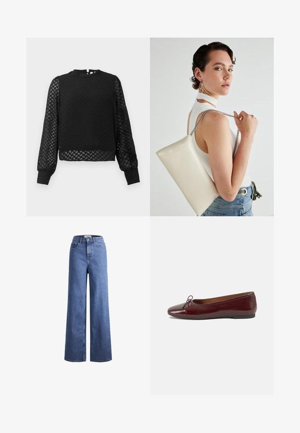 Czarny top z długim rękawem o fakturowanym wzorze w zygzak, z wysokim kołnierzem i przezroczystymi rękawami. Posiada otwarcie w kształcie klucza z tyłu oraz dopasowane mankiety.; Jasnoniebieskie dżinsy o szerokich nogawkach i wysokim stanie, z dwoma przednimi kieszeniami i widocznym przeszyciem. Posiadają zamek błyskawiczny i zapięcie na guzik.; Bordowe baleriny z lakierowanej skóry z zaokrąglonym noskiem, małą kokardką z przodu oraz niską, czarną gumową podeszwą. Gładka tekstura.; Biała prostokątna kopertówka wykonana z błyszczącego materiału, z srebrnym łańcuszkiem. Modelka pozuje, prezentując torebkę na jednolitym tle.