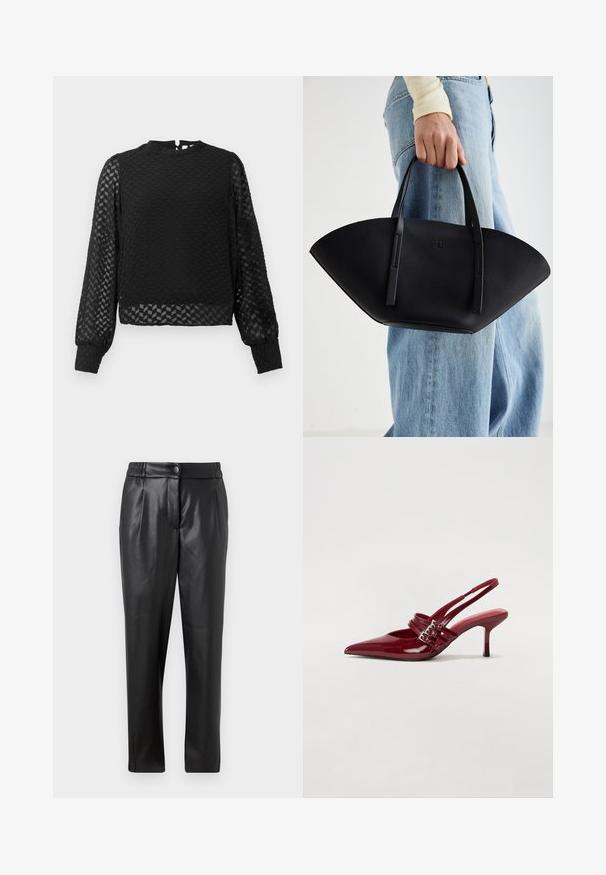 Black long-sleeve top with a textured zigzag pattern, high neckline, and sheer sleeves. Features a back keyhole opening and fitted cuffs.; Black leather pants with a smooth texture, straight fit, elastic waistband, and a front button closure; pleated detailing and tapered legs.; Red patent leather slingback heels with a pointed toe, two buckle straps, and a slim, mid-height stiletto heel. Smooth texture.; Black leather handbag with a unique fan shape, featuring flat handles. The surface has a pebbled texture and a minimalistic design.