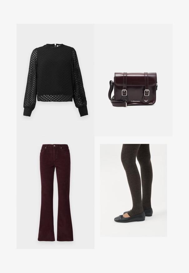 Must have mustar varrukatega särk, millel on tekstureeritud rästiku muster, kõrge kaelus ja läbipaistvad varrukad. Omab seljal võtmeaugu avamist ja sobivaid mansette.; Burgundia värvi puuvillased laiad püksid, millel on sile tekstuur, viis taskut ja metallnööp vööl.; Mustad mustad kingad väikese teksaga varvaste juures, koos tumedate pruunide ribakangastega. Kingadel on sile tekstuur ja madal profiil.; Burgundi värvi patendiga nahast risti koti, millel on ristkülikuline kuju, kaks rihma, hõbedased detailid ja klapi sulgur.