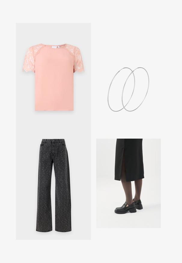 Trumpas rankovėmis marškinėliai iš minkšto persikų spalvos audinio, su nėrinių akcentais ant rankovių, apvaliu iškirpimu ir laisvu siluetu. Vientisa tekstūra.; Noisy May NMJANNEL LOOSE - Laisvo kirpimo džinsai - black denim; Juodos odinės bateliai su apvaliu nosiu, stora blokine pakulne ir elastingais šonais, derinami su tamsiomis pėdkelnėmis ir juoda sijonu su plyšiu.; Sidabrinės pusmėnulio auskarai minimalistiniu dizainu. Apskritimo forma, lygus paviršius ir plonas profilis. Lengvi su poliruotu apdailu.