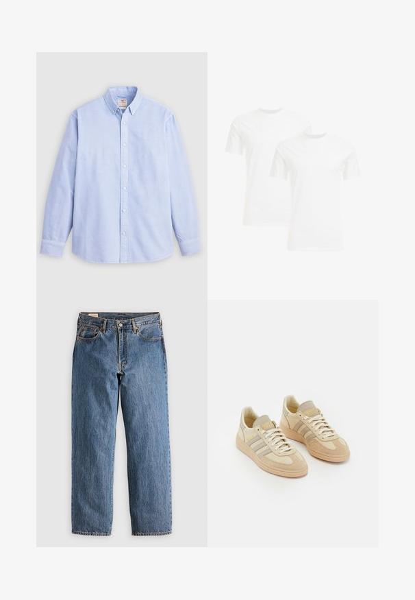 Világoskék, hosszú ujjú, gombos ing, amely pamutból készült, klasszikus gallérral és diszkrét, feliratozott hímzéssel a bal mellen.; Két fehér pamut póló, rövid ujjú és kerek nyakú, sima textúrával és egyszerű dizájnnal, függőleges elrendezésben egymásra rakva.; Kék farmernadrág egyenes szabással, magas derekkal, réz szegecsekkel és narancssárga varrással. Elülső és hátsó zsebekkel rendelkezik.; Világos bézs sportcipők, velúr és szövet anyagból, három szürke csíkkal, textúrázott részletekkel és világosbarna gumitalppal. A fűző fehér.