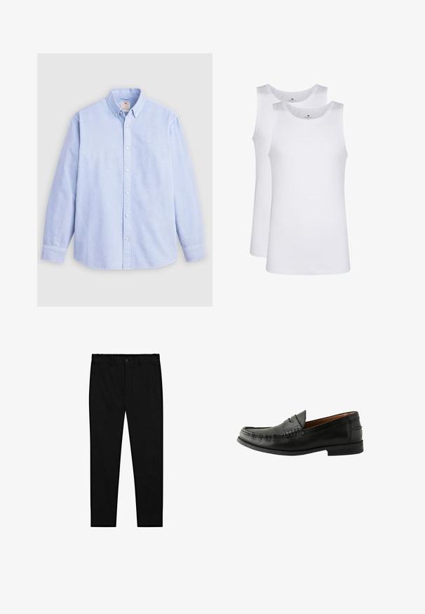 Lichtblauw overhemd met lange mouwen, gemaakt van katoen, met een klassieke kraag en subtiele geborduurde merknaam op de linkerkant van de borst.; Witte katoenen tank tops, mouwloos ontwerp, ronde hals, effen textuur, gemaakt van een zachte, lichtgewicht stof. Twee stuks tentoongesteld.; Zwarte op maat gemaakte broeken met knoopsluiting, riemlussen en smal recht gesneden benen, weergegeven op een witte achtergrond.; Zwarte leren instappers met een gladde afwerking, ronde neus, handgestikte details en een lage rubberen zool. Tijdloos en veelzijdig ontwerp.