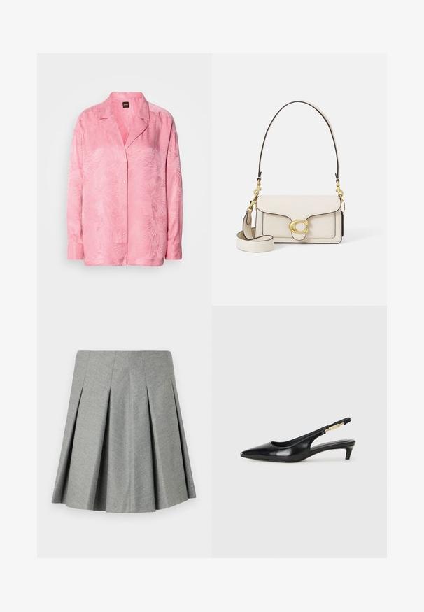 Gaiši rozā pogājamā krekla, kuram ir nemanāms palmu lapu raksts. Izgatavots no gludas auduma ar brīvu piegriezumu un klasisku apkakles dizainu.; Grezns pelēks svārki, izgatavoti no teksturēta auduma, ar pieguļošu jostasvietu un izplestu dizainu. Nav redzamu metāla detaļu vai akcentu.; Melnas ādas slingback zābaki ar smailu purngalu, ar šauru papēdi un zelta krāsas akcentu uz regulējama siksniņas. Gluda tekstūra.; Krēmpiena ādas rokassoma ar strukturētu dizainu, kontrastējošām melnām malām, zelta aparatūru un noņemamu siksnu ar paraksta logotipu.