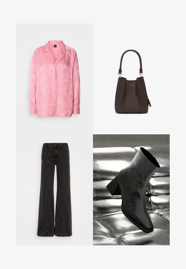 Heledamine roosa nööpidega särk, millel on diskreetne palmilehe muster. Valmistatud siledast kangast, millel on lõdvestatud istuvus ja klassikaline kraedikaan.; Mustad lai jaladavad teksad, mis on valmistatud denimist, kõrge vöökohaga, esitaskutega ja ühtse õmblusega õmbluste ääres.; Must musta narmand, läikiva materjali ja ruudukujulise varbaga ning kitseneva kontsaga, paigutatud läikiva hõbedaselt tuftitud tausta ette.; Carlheim ADALINE - Käekott - brown