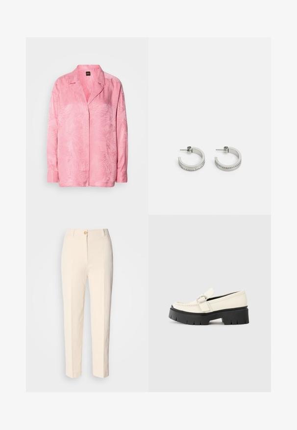Jasnoróżowa koszula z guzikami, z subtelnym wzorem liści palmowych. Wykonana z gładkiego materiału, o swobodnym kroju i klasycznym wzorze kołnierza.; Kremowe, wysokie spodnie wykonane z teksturowanej tkaniny. Posiadają zapięcie na guzik z przodu oraz zwężające się nogawki.; Białe skórzane mokasyny z grubą czarną platformą, z prostokątną srebrną klamrą i widocznym przeszyciem na cholewce.; Srebrne kolczyki w formie kółek, z gładką powierzchnią i rzędem małych przezroczystych kamieni wzdłuż dolnej krawędzi, z zapięciem na sztyft.