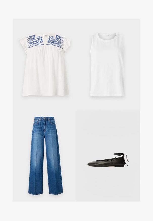 Balta trumpa rankovėmis palaidinė su mėlynais gėlėmis siuvinėjimu ant apykaklės, su klostėmis, suteikiančiomis apimtį, ir minkštais raukiniais ant rankovių. Kasdienė, lengva medžiaga.; Balta be rankovių palaidinė pagaminta iš minkštos medvilnės. Turi apvalų iškirpimą ir tiesų kirpimą. Paprastas dizainas, be matomų raštų ar akcentų.; Plati kojinės džinsai vidutinio mėlynumo išplovime, turintys klasikinį penkių kišenių dizainą, diržo kilpas ir užtrauktuko uždarymą.; Juodi odiniai balerinų bateliai su smailiu pirštu, kulkšnies raiščiu ir plokščiu padu, pasižymintys lygiu paviršiumi ir minimalizmo dizainu.