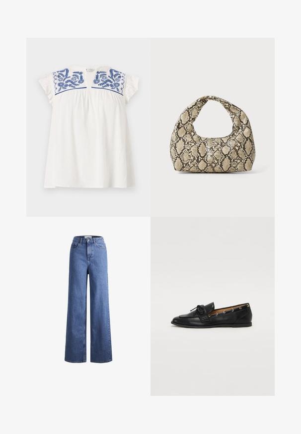 Fehér, rövid ujjú felső, kék virágos hímzéssel a nyaknál, redőzéssel a bőségekért és lágy fodros ujjakkal. Hétköznapi, könnyű anyag.; Világoskék, széles szárú farmernadrág magas derékkal, két elülső zsebbel és látható varrással. Gombos és cipzáros záródás.; Fekete bőr lófarok cipők, megkötött masnival, arany szemcsés díszítéssel az oldalán és lapos gumitalppal. Simaság, klasszikus dizájn.; Kígyómintás kézitáska ívelt fogantyúval. Texturált, bézs és barna anyagból készült, jellegzetes gyémántmintával.